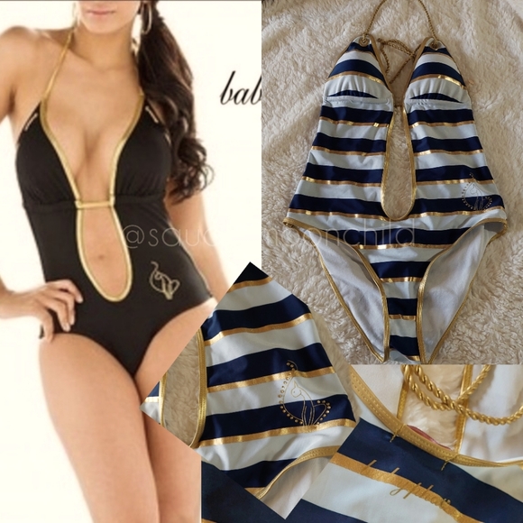 NEW • Baby Phat • Nautical Stripe Navy Gold White Monokini One Piece Swimsuit M